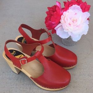 Swedish Hasbeens T-Strap Red Sky High Clogs